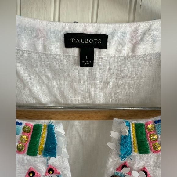 Talbots White Linen Top Size L with Colorful Fish Embroidery - Picture 3 of 6